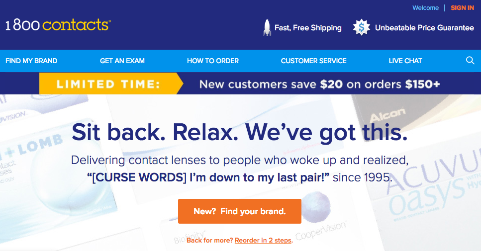 The 1-800 Contacts website homepage