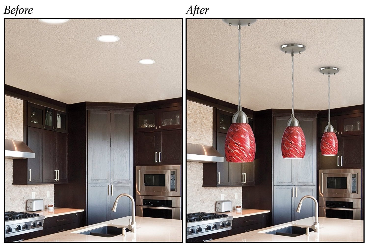 A display showing recess lighting that has been converted to pendant style lighting with red light shades