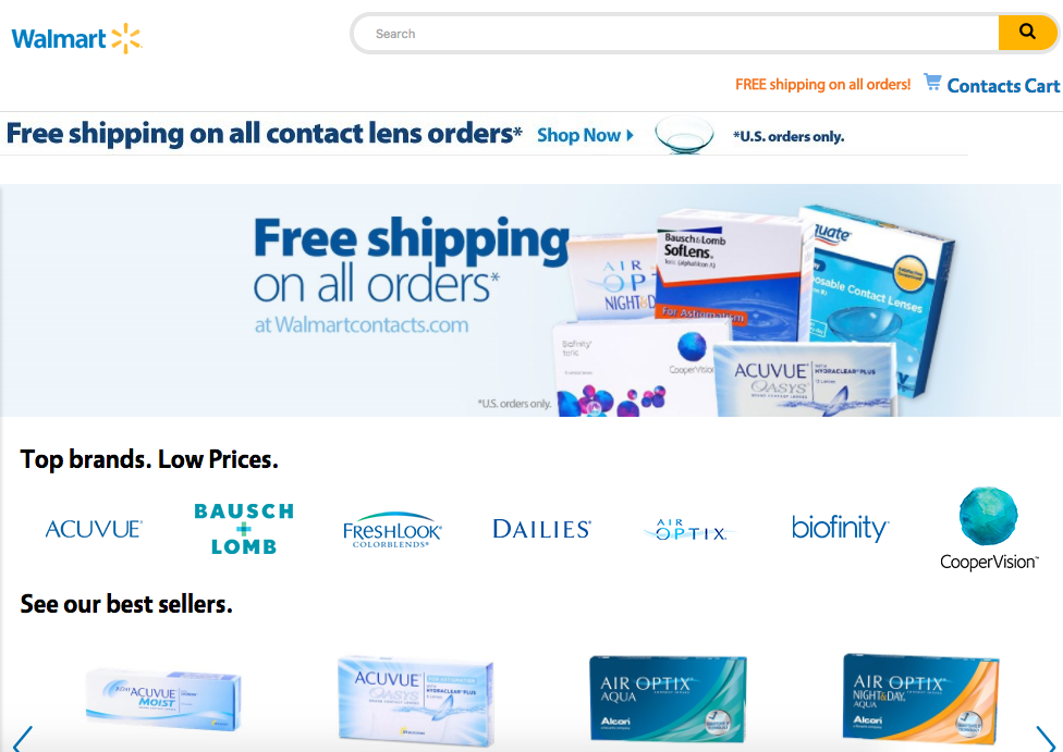 The Walmart site section for contact lenses