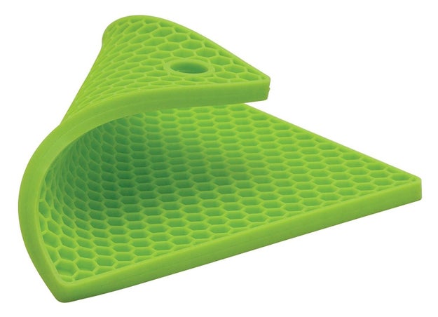 A silicone, 7x7-inch honeycomb trivet with a non-slip surface that diffuses heat quicker than boring, flat ones.
