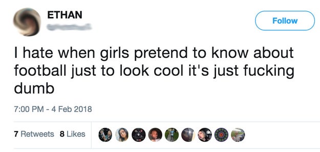 The tweet, shared during the Super Bowl by "a random guy" Romero follows, stated: "I hate when girls pretend to know about football just to look cool it's just fucking dumb."