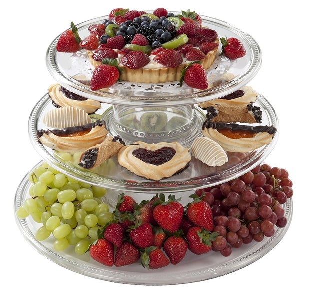 A creative three-tier tower that disassembles and can be used as separate serving bowls and platters.