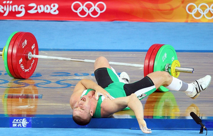 Weightlifter Janos Baranyai of Hungary experiences a horrific injury in 2008.