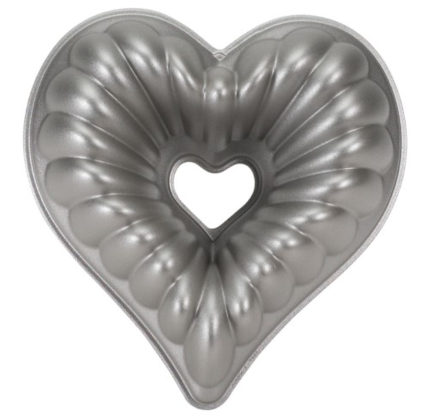A heart-shaped bundt pan with a heat-reflective exterior for uniform browning.