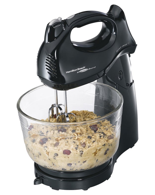 A four-quart stand mixer that transforms into a six-speed hand mixer with beaters, dough hooks, and a whisk attachment.