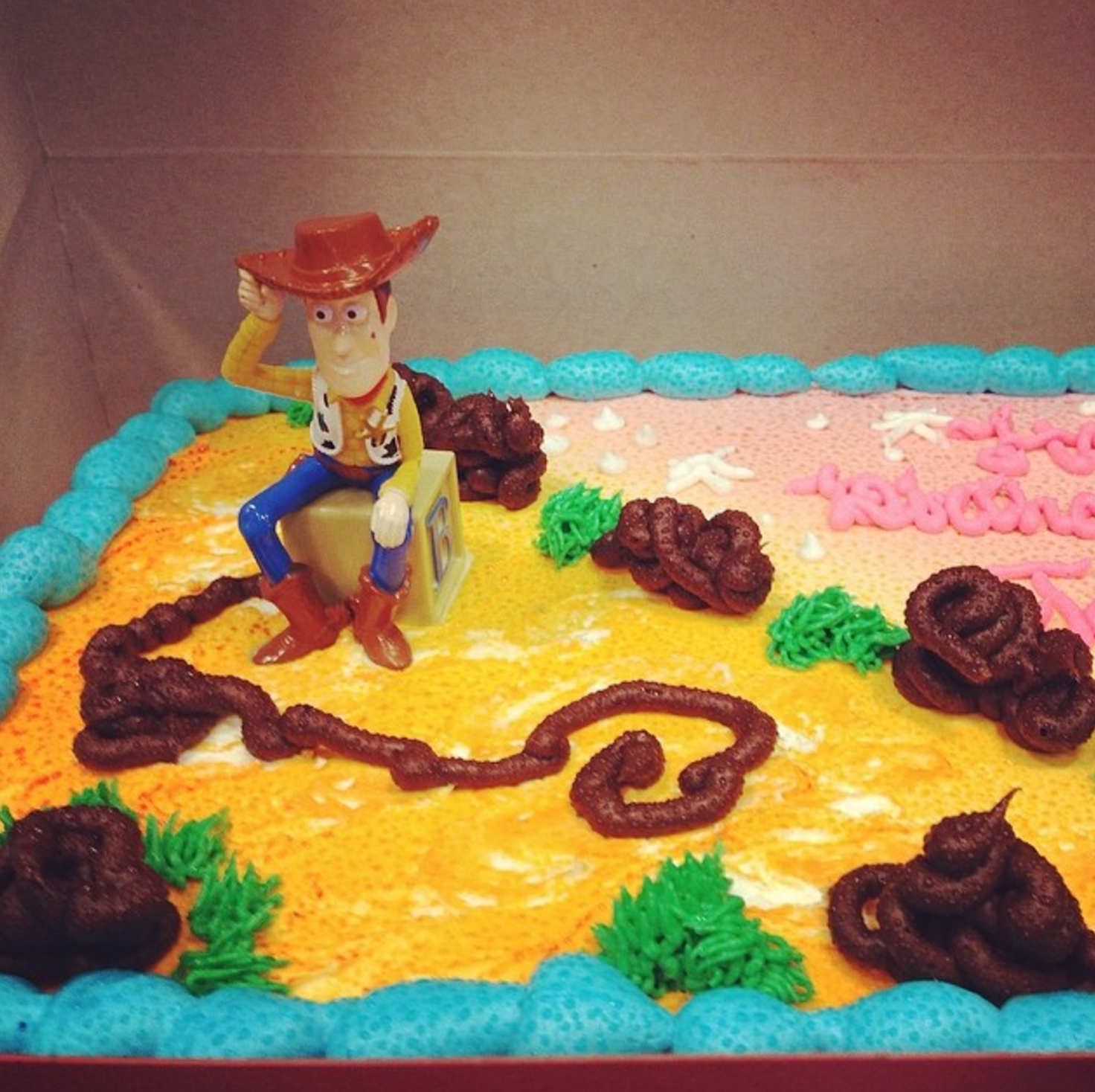 Woody from Toy Story looking like he took a long dump of frosting