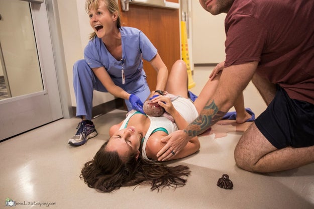 After the baby was born, Jes was still laying on the floor вЂ“ eyes closed вЂ“ with Travis calming her. 