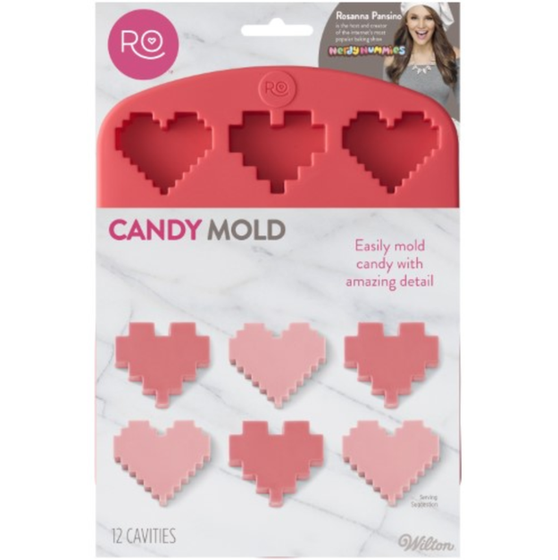 A nerdy candy mold to make 12 "pixelated" treats in two different styles.