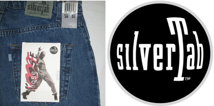 A pair of loose SilverTab jeans and the image of the logo next to it