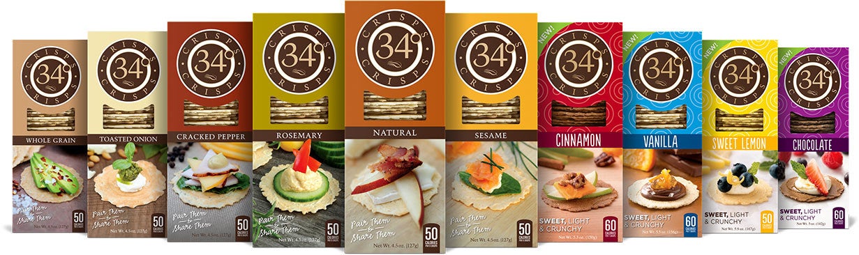Available in flavors from savory to sweet and mild to robust, 34 Degrees crackers have a delicate design and imperfectly beautiful edges that pair with any occasion or topping. The flavors include Natural, Sesame, Cracked Pepper, Rosemary, Whole Grain, Toasted Onion, Chocolate, Vanilla, Cinnamon, and Sweet Lemon.