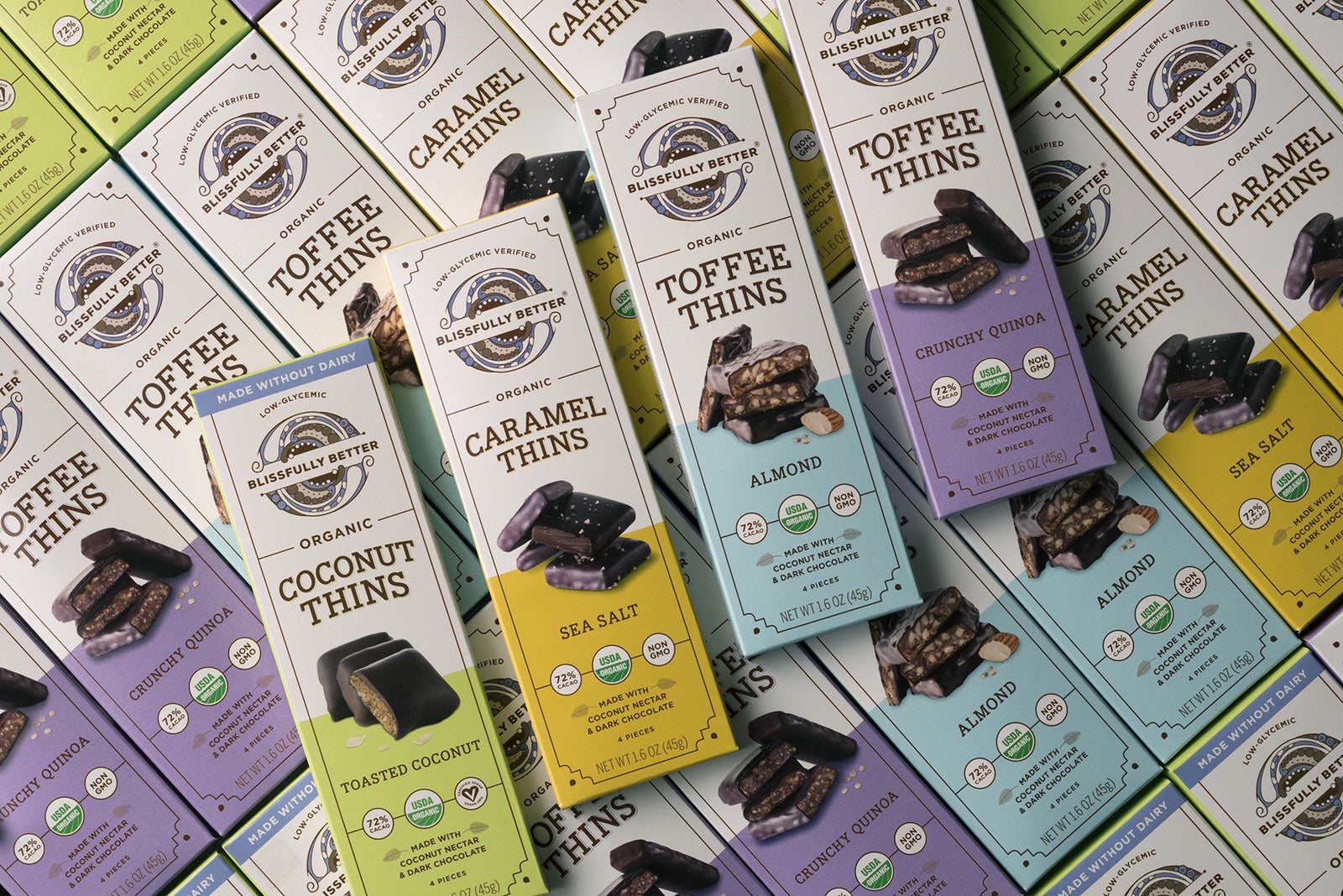 Made in small batches and handcrafted in copper kettles, Blissfully Better’s Toffee, Caramel & Coconut Thins are the perfect indulgence. Certified Organic and sweetened only with low glycemic coconut nectar, these confections are Blissfully Better for you and your taste buds!