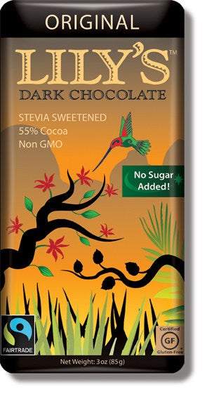 Lily's Sweets offers delicious chocolate that's sweetened with stevia instead of sugar (less than 1 gram of sugar per serving). All of the bars are gluten-free, non-GMO and Fair Trade, with select products that are vegan. They are available in chocolate bars, snack bars and baking chips/bars.