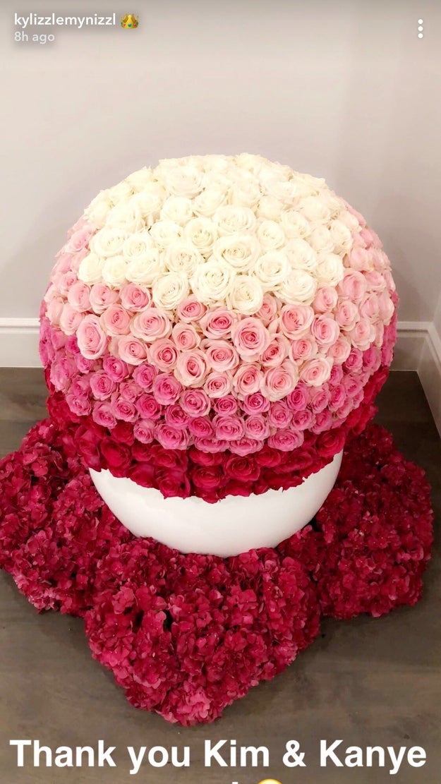 And the Kardashians were quick to congratulate Kylie, sending her enough flowers to open a florist. Kim and Kanye sent this insanely beautiful globe of flowers that's probably bigger than the average sized car.