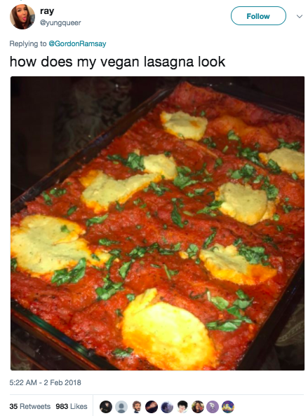 Well, on Friday, @yungqueer tweeted Gordon a picture of their vegan lasagna: