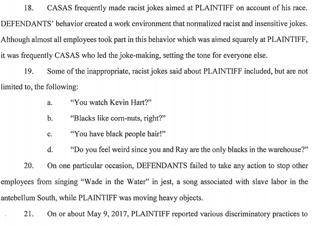 Stubblefield said in the suit some of the "jokes" included calling his hair "black people hair," asking him if "black people like Corn Nuts," mocking him for drinking Kool-Aid, and telling him cashews he was eating looked like "n*gger toes."