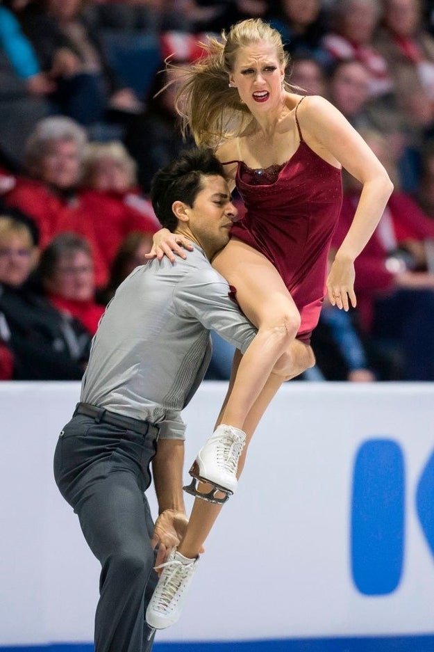 Wait, you guys, SHE IS LITERALLY CLIMBING ON HIM WITH SKATES. *Shaking a bit*