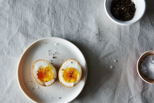 Marinate your boiled eggs in soy sauce to give them a beautiful tan color and deep, salty flavor.