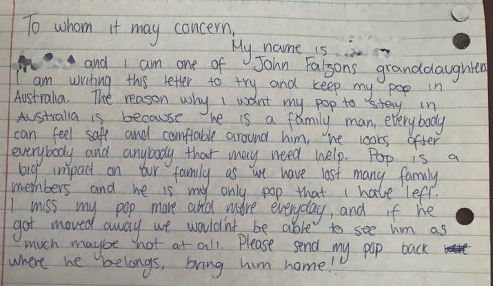 A letter from Falzon's 14-year-old granddaughter.