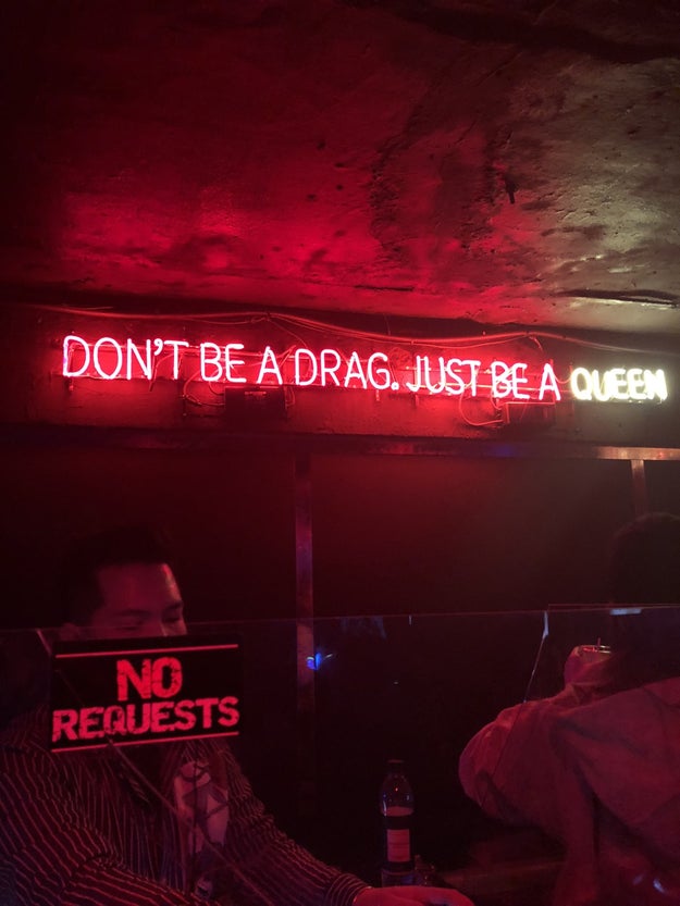 A gay bar with an iconic Lady Gaga lyric in a neon light.