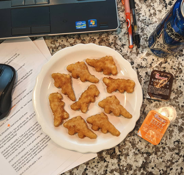 Dinosaur shaped nuggets always taste better than regular chicken nuggets.