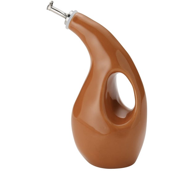 A stoneware olive oil dispenser with a proportioned spout to ensure perfect pours every time.