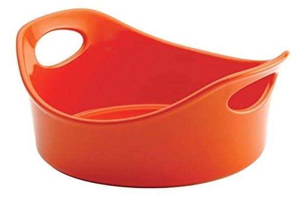 A one-quart stoneware baker with distinctive flared edges for easy handling.