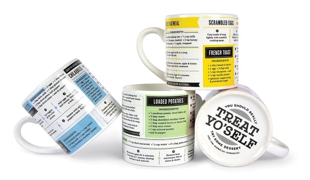 Informative mugs covered in a variety of recipes you can make with just your mug, a microwave, and low culinary standards.