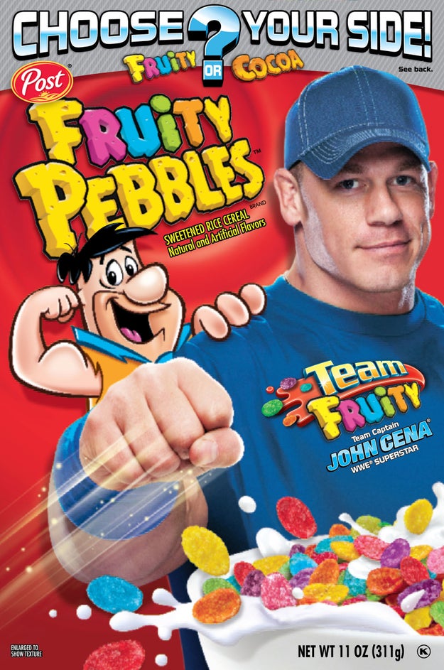 One time The Rock made fun of John Cena's brightly colored shirts, comparing him to a bowl of Fruity Pebbles. This led to Fruity Pebbles replacing Fred Flintstone with John Cena on 4 million boxes of cereal.