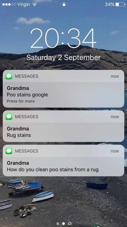 Text messages from grandma reading, &quot;poo stains google&quot;