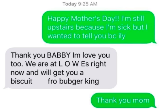 Text messages from grandparent reading, &quot;Bubger King&quot;
