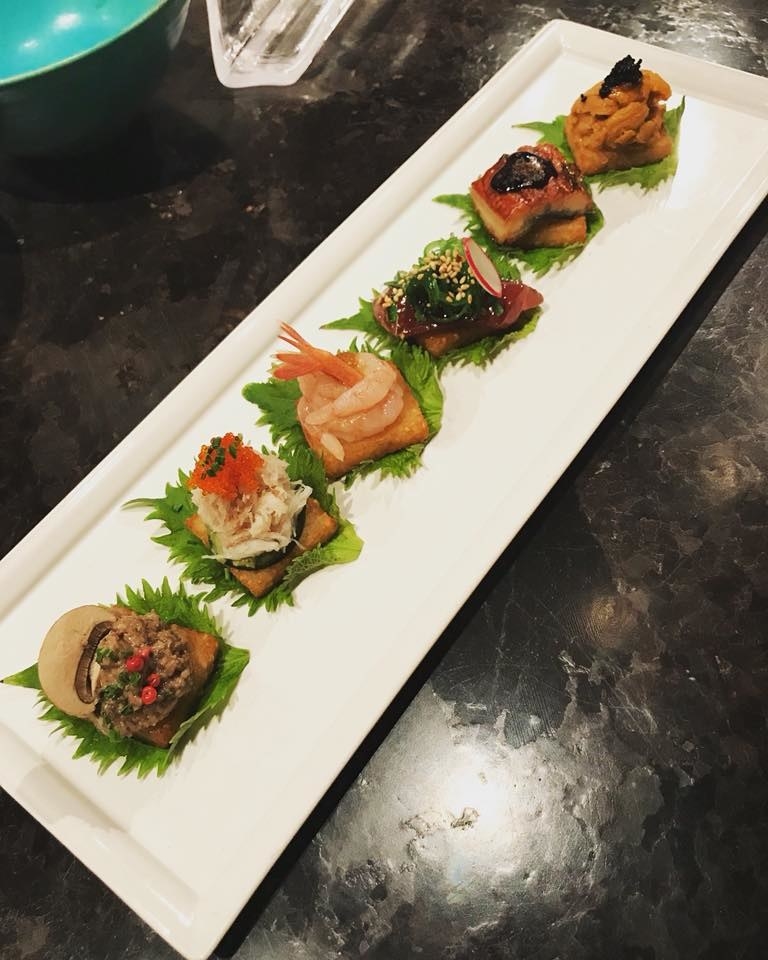 Served over crispy sushi rice, these delectable Japanese canapes are topped with mouthwatering toppings that range from sea urchin to snow crab to eel to sweet shrimp. My personal favorite was Kani - or snow crab - topped with fish caviar and chives on top of cucumber and avocado.