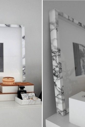 The marble paper covering the outside of a photo frame