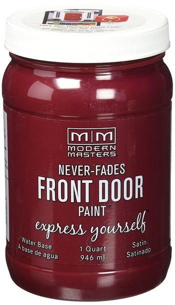 A jar of the front door paint in Satin Passionate