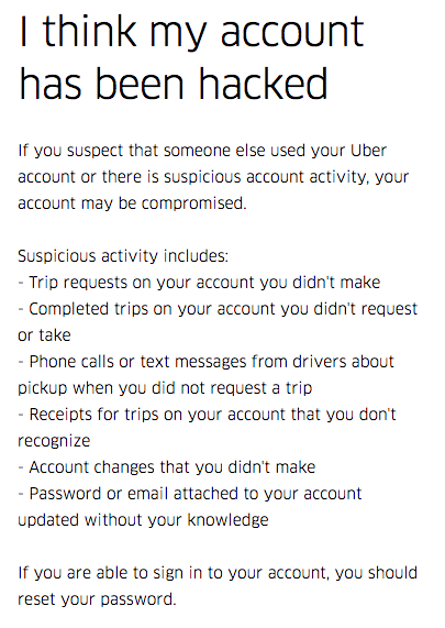 I sought answers on Uber's help page. Under "I think my account has been hacked," the company recommended resetting the password. OK, but what I really wanted to do was remove my credit card!