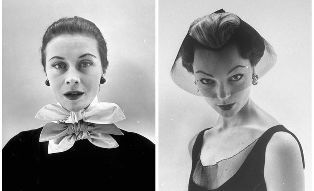 Left: A triple-tied chin-high collar designed by Givenchy in 1952. Right: Model Ivy Nicholson shows off a design in 1952.