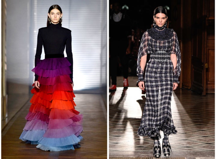 Left: A model walks the runway at a Givenchy show during Paris Haute Couture Fashion Week on Jan. 23, 2018. Right: Kendall Jenner walks the runway in Paris on Jan. 20, 2017.