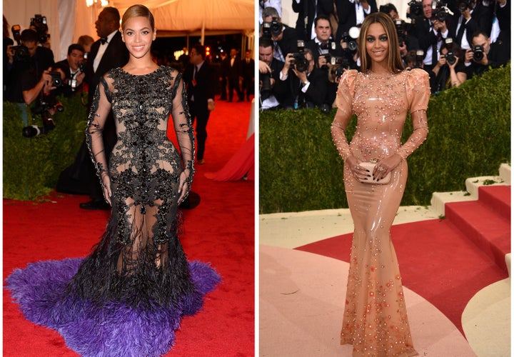 Beyoncé wears Givenchy designs to the Met Gala in 2012 (L) and 2015 (R).