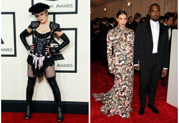 Left: Madonna attends the 2015 Grammy Awards in a Givenchy design. Right: Kim Kardashian wears Givenchy to the 2013 Met Gala alongside her husband, Kanye West.