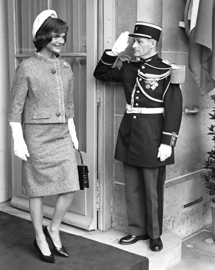 First lady Jacqueline Kennedy leaves the Quai d'Orsay in Paris on June 2, 1961, while wearing a Givenchy creation.