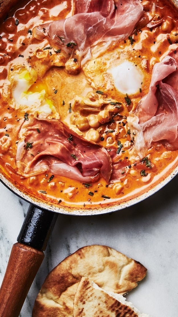 One-Skillet Creamy Chickpeas with Eggs and Prosciutto