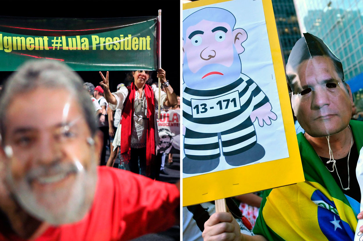 Mesmo dia, lugares diferentes: na véspera do julgamento de Lula pelo TRF-4, em janeiro, manifestantes a favor (à esq.) e contra o ex-presidente foram às ruas.
