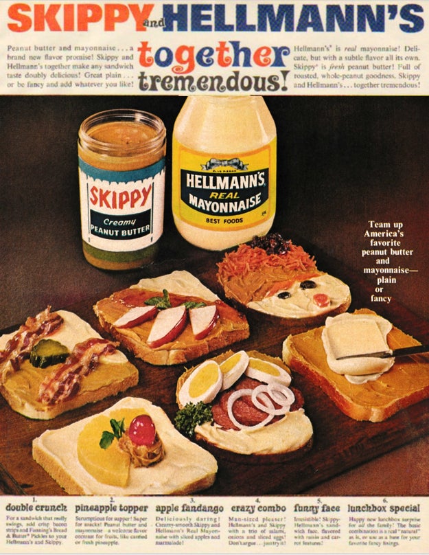 The ’60s were a wild time, and one of the wildest things about it was the food! I mean, look at this ‘60s-era ad we came across from Skippy Peanut Butter and Hellman’s Mayonnaise. It is really something else: