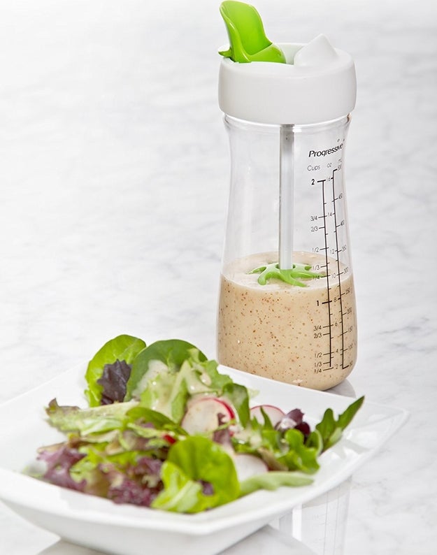 Btw, you can just whip one up right in a handy mix-and-pour salad dressing bottle. It has measurement markings to make things ridiculously easy, and a whisk ball inside so you re-combine your dressings right before you pour.