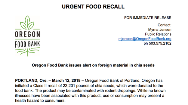 The rodent droppings were discovered after a customer complained about "foreign material" they observed in their chia seeds, according to a press release.