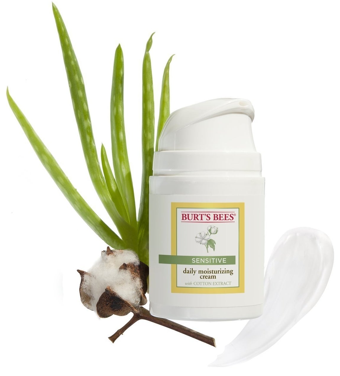 the bottle of moisturizer plus a product swatch and some natural ingredients