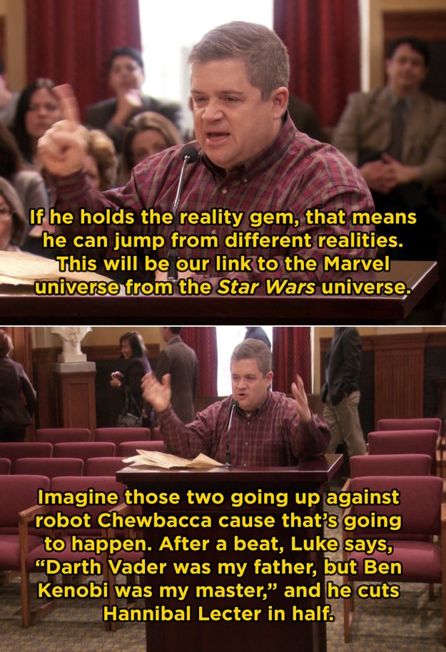 In Parks and Rec, Patton Oswalt's filibuster monologue was completely improvised. He was given free reign, so he talked about a proposed Star Wars and Marvel crossover film.