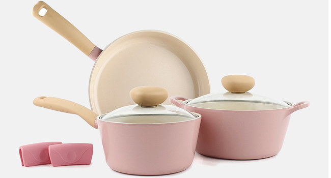 The set includes one saucepan with a glass lid, one stockpot with a glass lid, and one frying pan. The pans are scratch-resistant and should be hand-washed. Promising review: “This is the best set of pots I've even seen, bought, used, and washed. They're a dream!” —Melissa
Price: $98