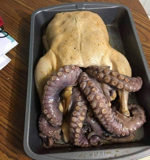 And, omg, this person. This person who eats chicken stuffed with octopus legs.