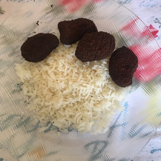 And let this be a reminder that overcooked nuggets will look like straight up dog food: