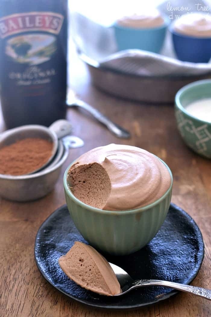 Bailey&#x27;s chocolate mousse with a scoop taken out of it.